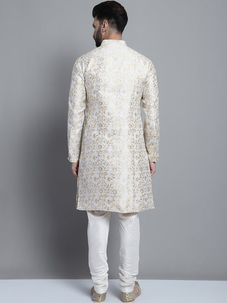 Designer White Golden Brocade Silk Sherwani Set by Treemoda