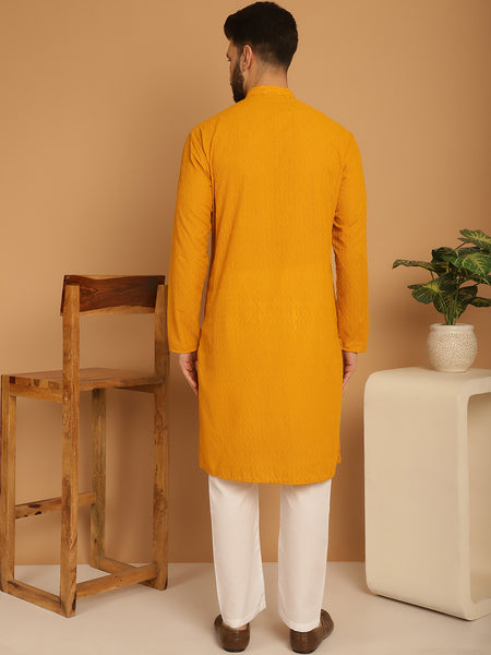 Designer Mustard Yellow Chikankari Embroidered Kurta Pajama Set by Treemoda