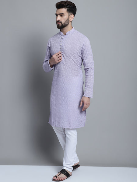 Lavender Chikankari Embroidery Cotton Kurta Pajama Set by Treemoda
