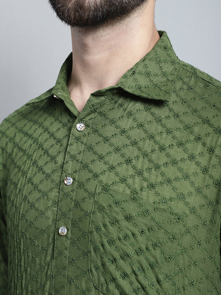 Embroidered Cotton Chikankari Green Pathani Kurta Pajama Set by Treemoda