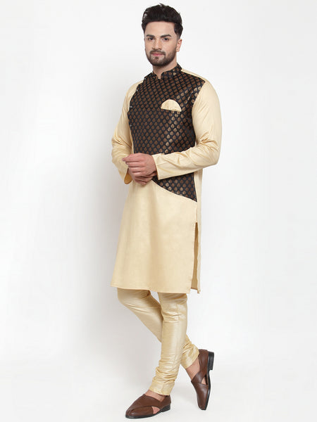Designer Brocade Beige Banarasi Silk Kurta Pajama Set by Treemoda