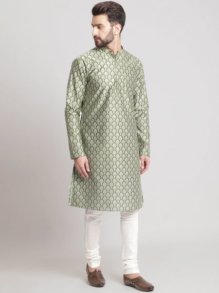 Designer Golden Green Brocade Silk Kurta With Churidar Pajama By Treemoda