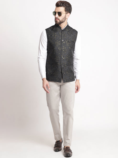 Black Jacquard  Brocade Silk Nehru Jacket By Treemoda