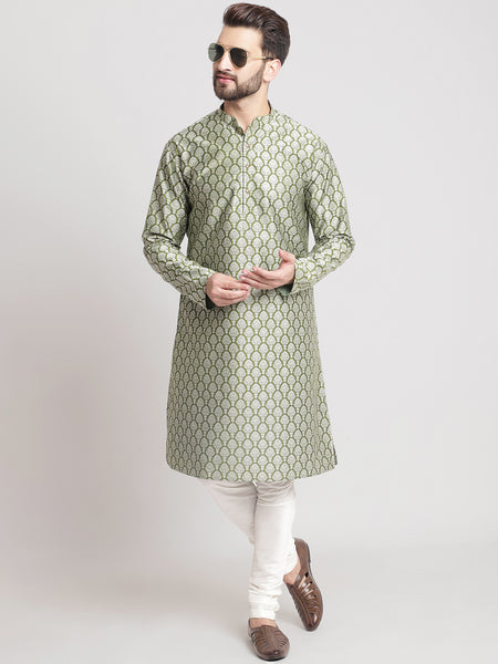Designer Golden Green Brocade Silk Kurta With Churidar Pajama By Treemoda