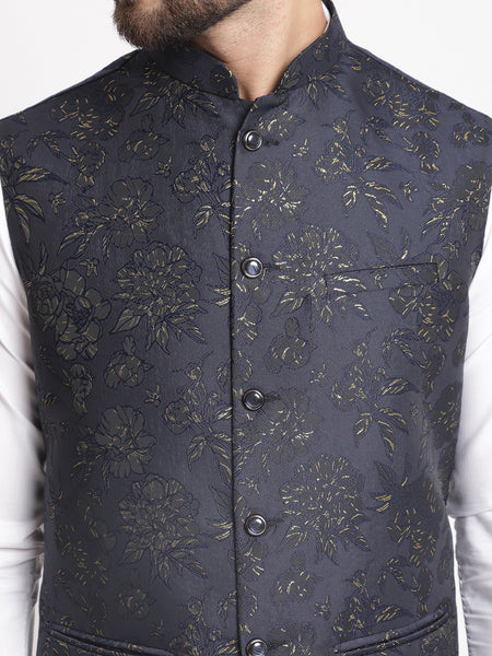 Blue Jacquard  Brocade Silk Nehru Jacket By Treemoda