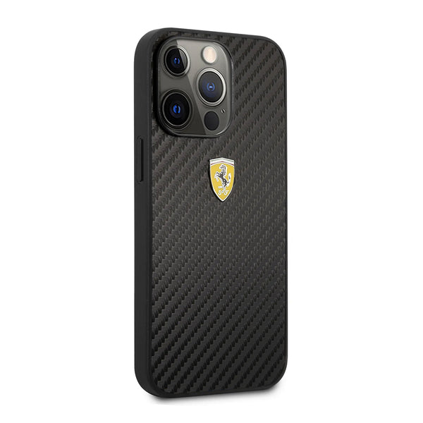 Ferrari Carbon Design Metal Logo Case for iPhone 13 & 14 Series - Black