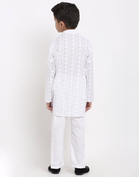 Lucknowi Chikankari Cotton Kurta Pajama Set For Boys/Kids By Treemoda|White| Kurta Pajama Set