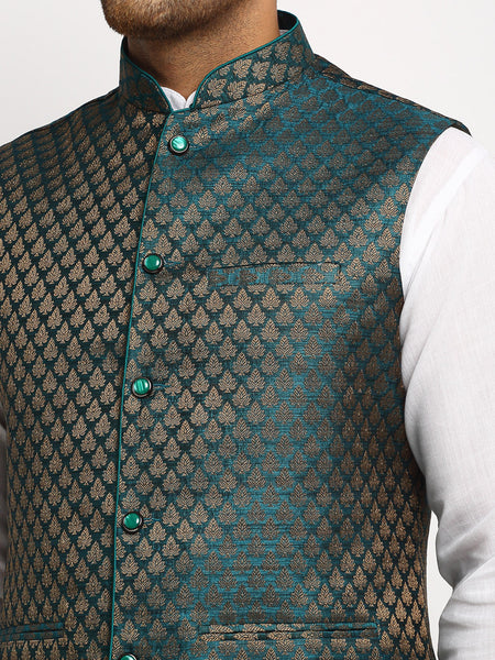 New Designer Men Dark Green Brocade Nehru Jacket With Golden Work By Treemoda
