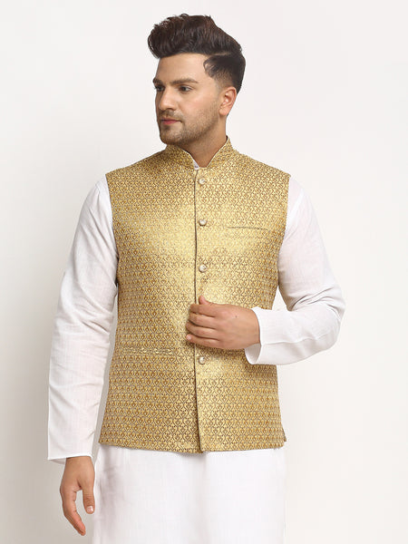New Designer Men Dark Golden Brocade Nehru Jacket With Golden Work By Treemoda