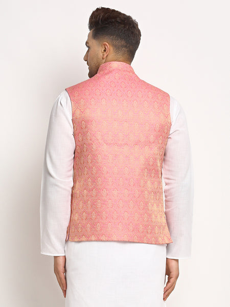 New Designer Men Pink Brocade Nehru Jacket With Golden Work By Treemoda