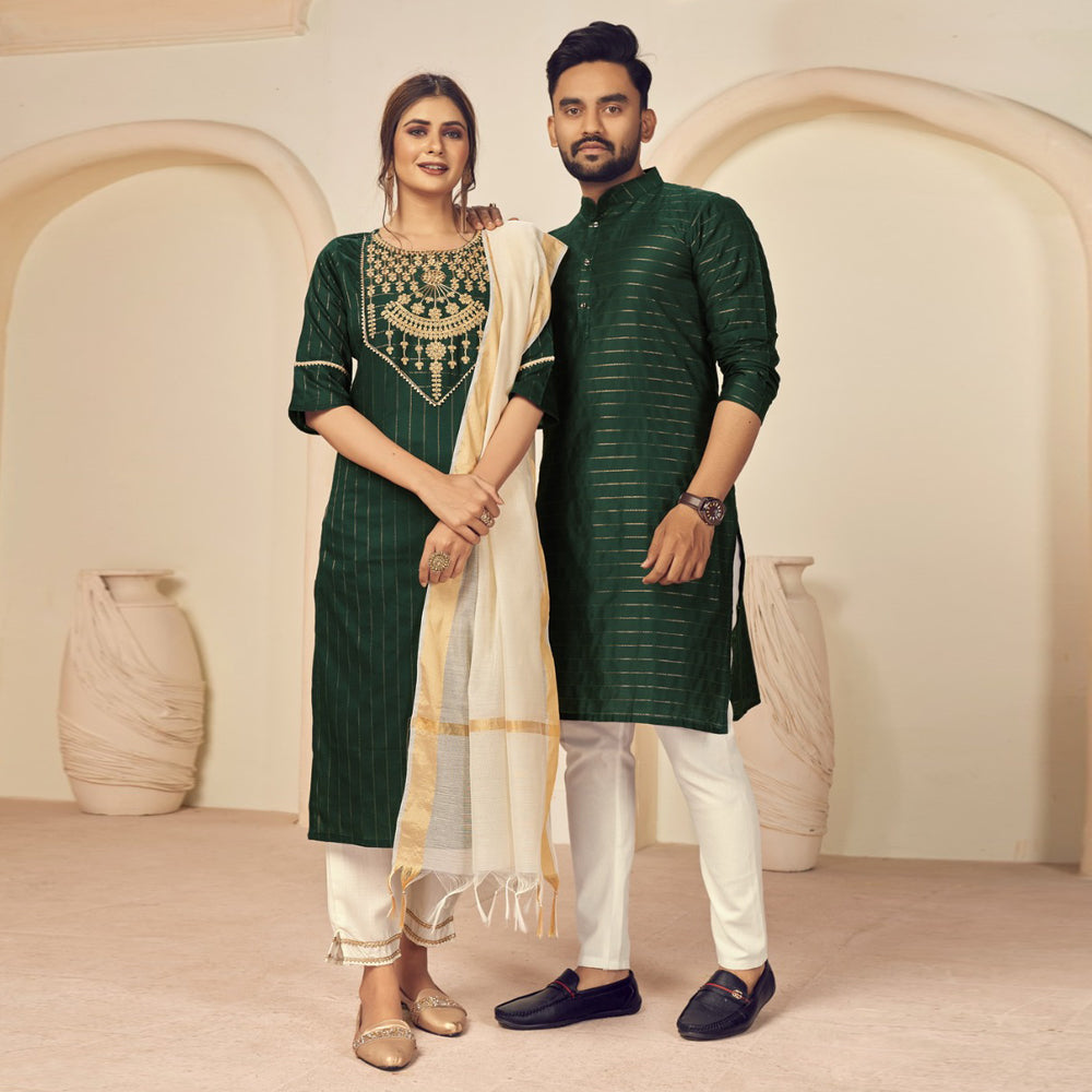 Dark Green Couple Ethnic Set Fully Stiched In Heavy Georgette Suit Wit Yard of Deals Dark Green Couple Ethnic Set Fully Stiched In Heavy Georgette Suit Wit Yard of Deals
