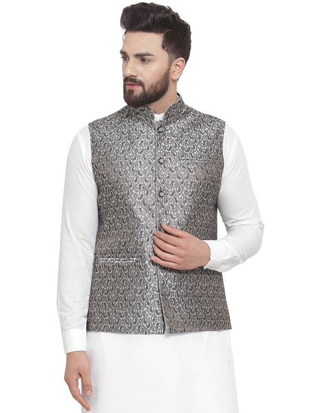 Treemoda New Designer Men Black And Grey Brocade Nehru Jacket For Men
