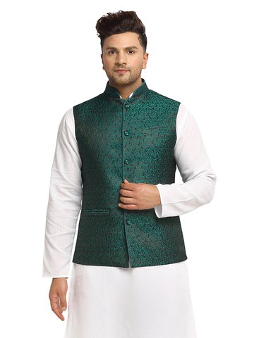 New Designer Men Bottle Green  Brocade Nehru Jacket With Golden Work By Treemoda