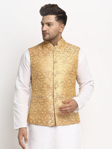 New Designer Men Rose Gold Brocade Nehru Jacket With Golden Work By Treemoda