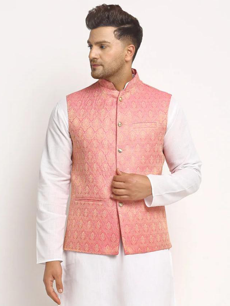 New Designer Men Pink Brocade Nehru Jacket With Golden Work By Treemoda