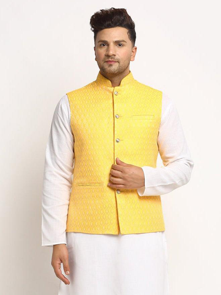 New Designer Men Yellow Brocade Nehru Jacket With Golden Work By Treemoda