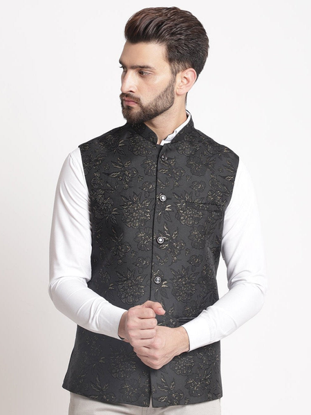 Black Jacquard  Brocade Silk Nehru Jacket By Treemoda