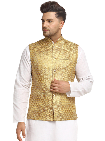 New Designer Men Dark Golden Brocade Nehru Jacket With Golden Work By Treemoda
