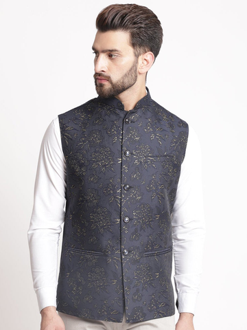 Blue Jacquard  Brocade Silk Nehru Jacket By Treemoda