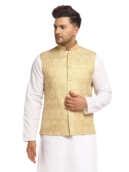 New Designer Men Light Golden Brocade Nehru Jacket With Golden Work By Treemoda