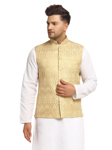 New Designer Men Light Golden Brocade Nehru Jacket With Golden Work By Treemoda