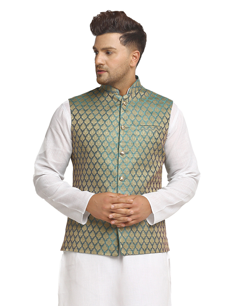 New Designer Men Sapphire Blue Brocade Nehru Jacket With Golden Work By Treemoda