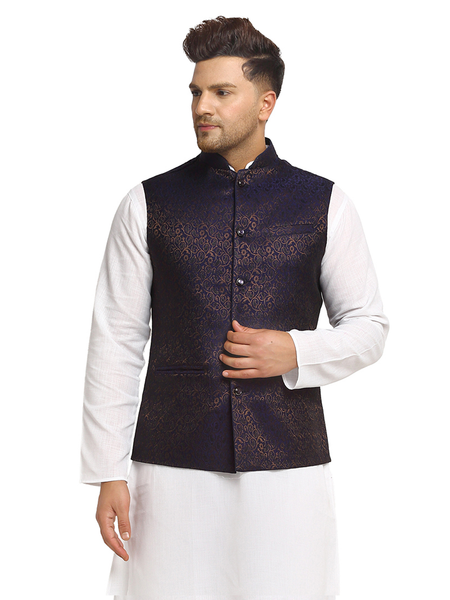 New Designer Men Navy Blue Brocade Nehru Jacket With Golden Work By Treemoda