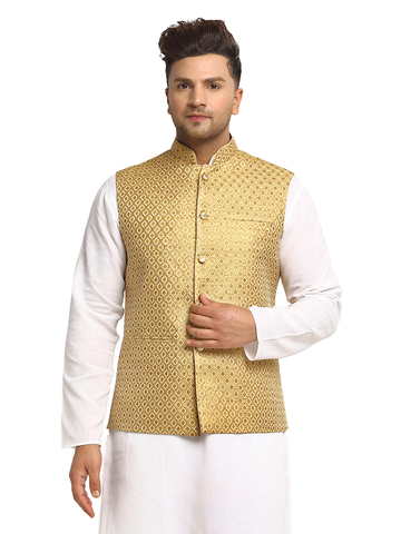 New Designer Men Golden Brocade Nehru Jacket With Golden Work By Treemoda