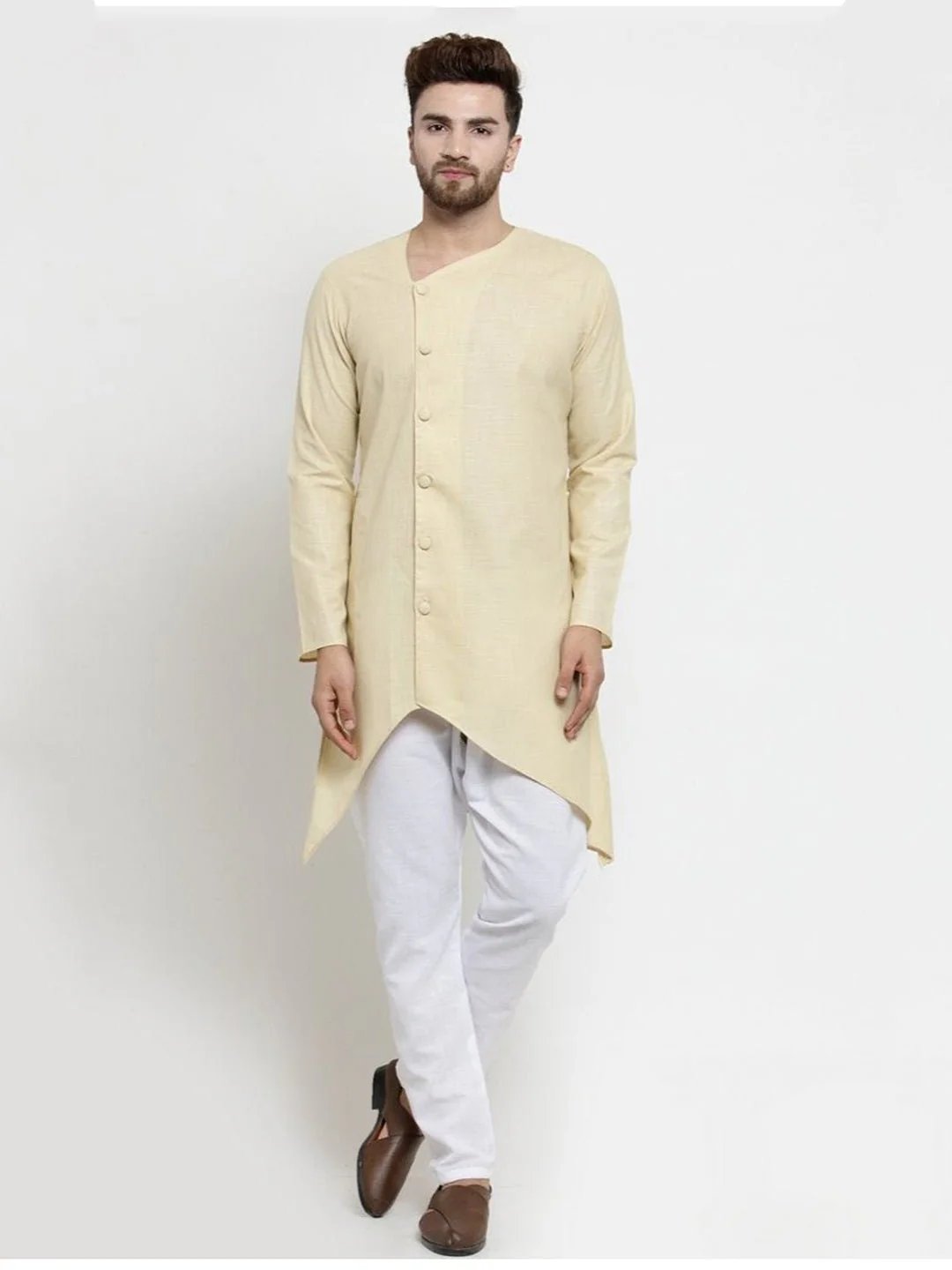 Designer Beige Linen Kurta With Aligarh Pajama For Men By Treemoda