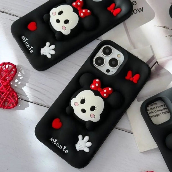 3D Minnie Holder Cute Cartoon Soft Silicone Back Case for iPhone 12 ,13 14 and 15 Series