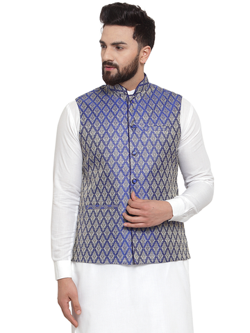 Treemoda New Designer Men Blue Brocade Nehru Jacket For Men