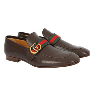 Dark Brown Leather GG Web Loafers