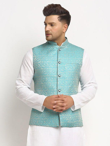 New Designer Men Turquoise Blue Brocade Nehru Jacket By Treemoda