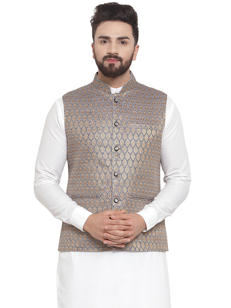 Treemoda New Designer Men Blue And Golden Brocade Nehru Jacket For Men
