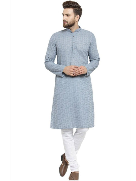 Light Grey Cotton Chikankari Lucknowi Jaal Embroidered Kurta with Churidar Pajama For Men by Treemoda