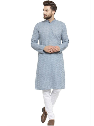 Light Grey Cotton Chikankari Lucknowi Jaal Embroidered Kurta with Churidar Pajama For Men by Treemoda