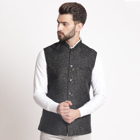 Black Jacquard  Brocade Silk Nehru Jacket By Treemoda