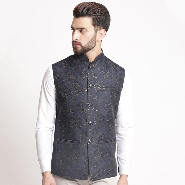 Blue Jacquard  Brocade Silk Nehru Jacket By Treemoda