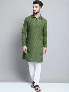 Embroidered Cotton Chikankari Green Pathani Kurta Pajama Set by Treemoda