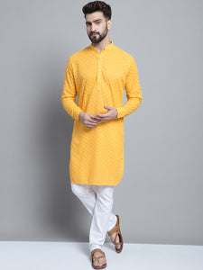 Yellow Chikankari Embroidery Cotton Kurta Pajama Set by Treemoda
