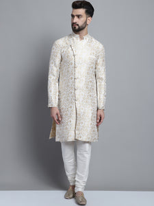 Designer White Golden Brocade Silk Sherwani Set by Treemoda