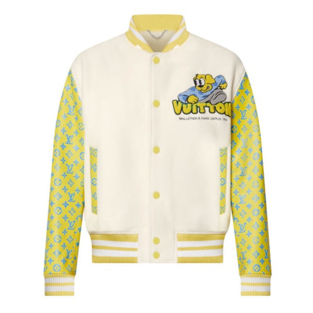 White & Yellow Monogram Sleeve Varsity Jacket