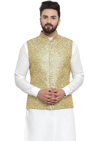 New Designer Men Green Brocade Nehru Jacket By Treemoda