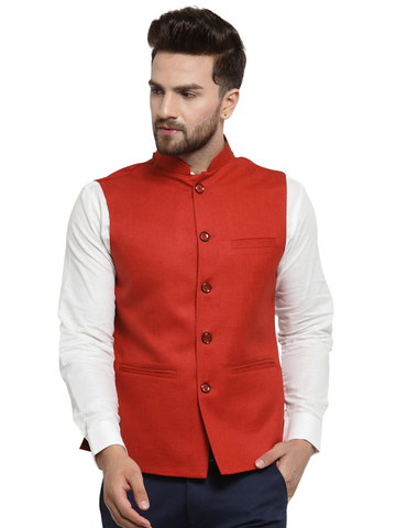 Treemoda Crimson Red Nehru Jacket For Men Stylish Latest Design Suitable for Ethnic Wear/Wedding Wear/ Formal Wear/Casual Wear