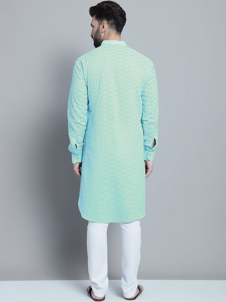 Sky Blue Chikankari Embroidery Cotton Kurta Pajama Set by Treemoda