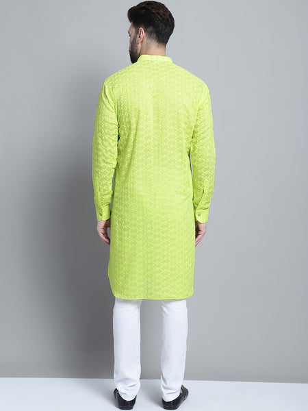 Lime Green Chikankari Embroidery Cotton Kurta Pajama Set by Treemoda