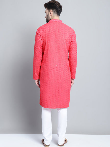 Carrot Red Chikankari Embroidery Cotton Kurta Pajama by Treemoda