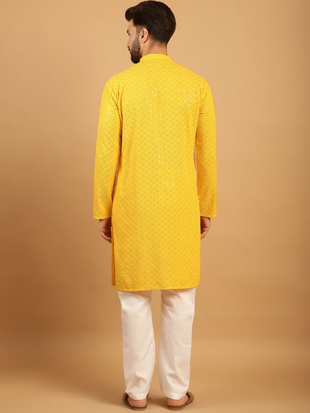 Embellished Sequinned Chikankari Embroidered Yellow Kurta Pajama Set by Treemoda