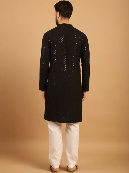 Embellished Sequinned Chikankari Embroidered Black Kurta Pajama Set by Treemoda