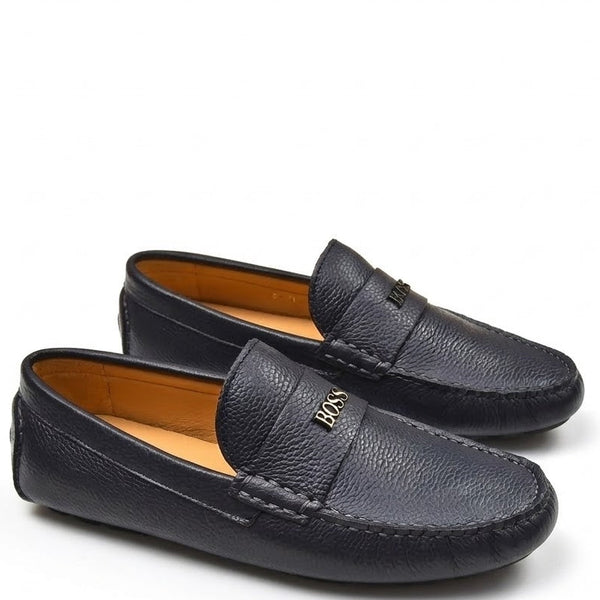 Men’s Navy Blue Leather Loafers with Premium Logo Detail